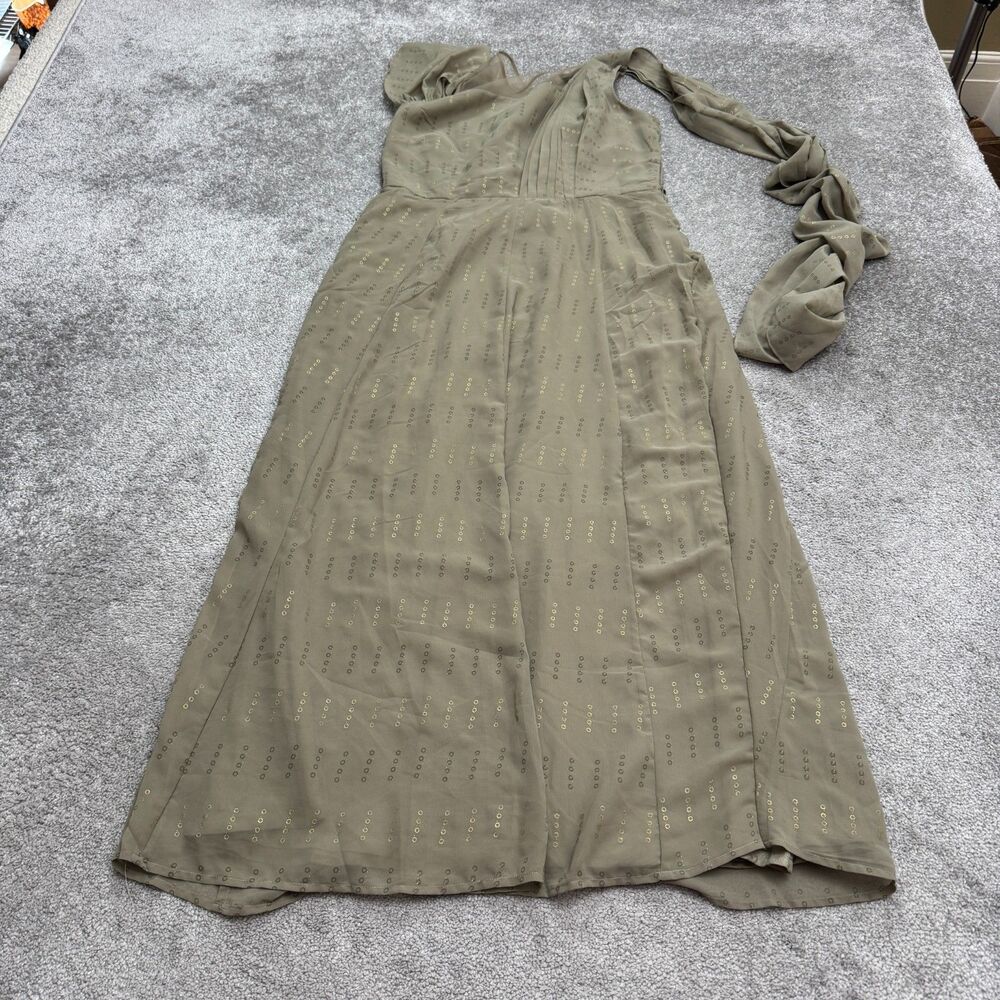 Indya Foil Dot One Shoulder Maxi Dress Womens Large Bronze Gold Pleated Formal